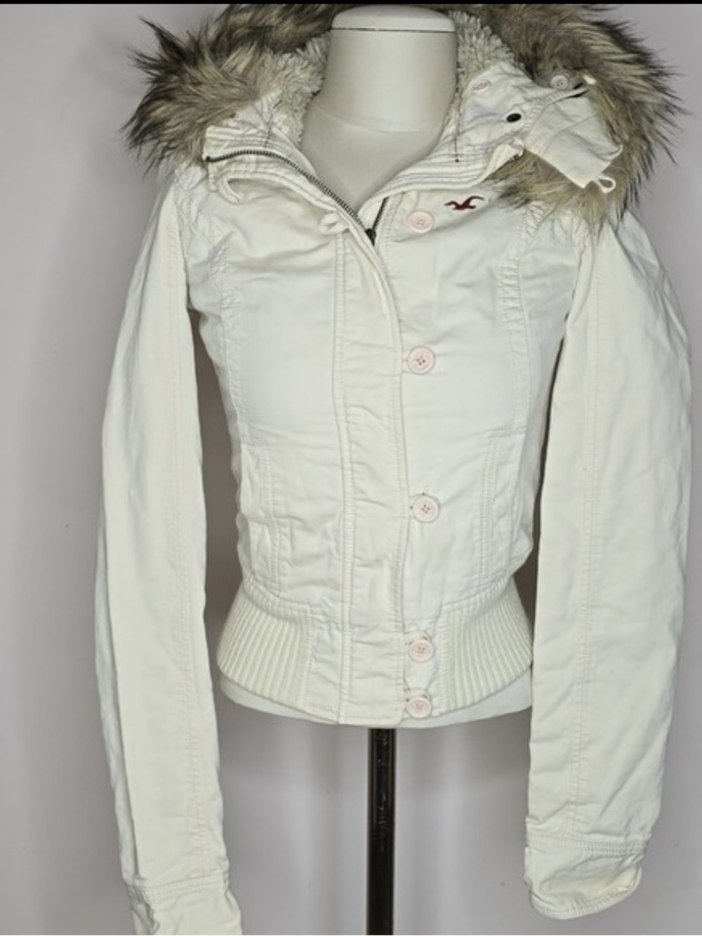 Vintage Hollister Ivory Faux-Fur Hooded Puffer Jacket